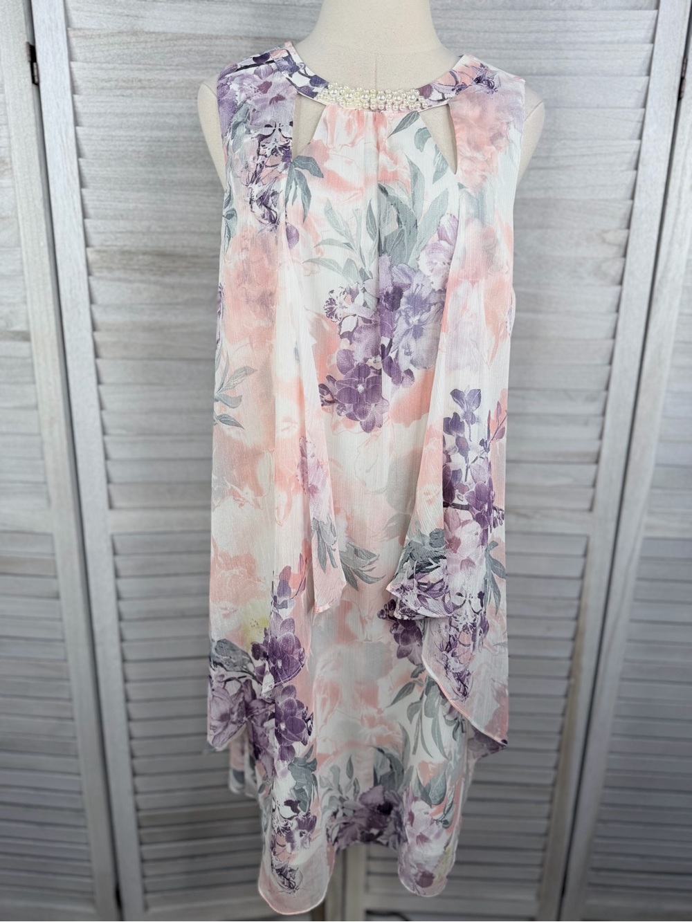 SL FASHIONS NEW YORK Floral Layered Chiffon Sleeveless Beaded Cocktail Dress -14